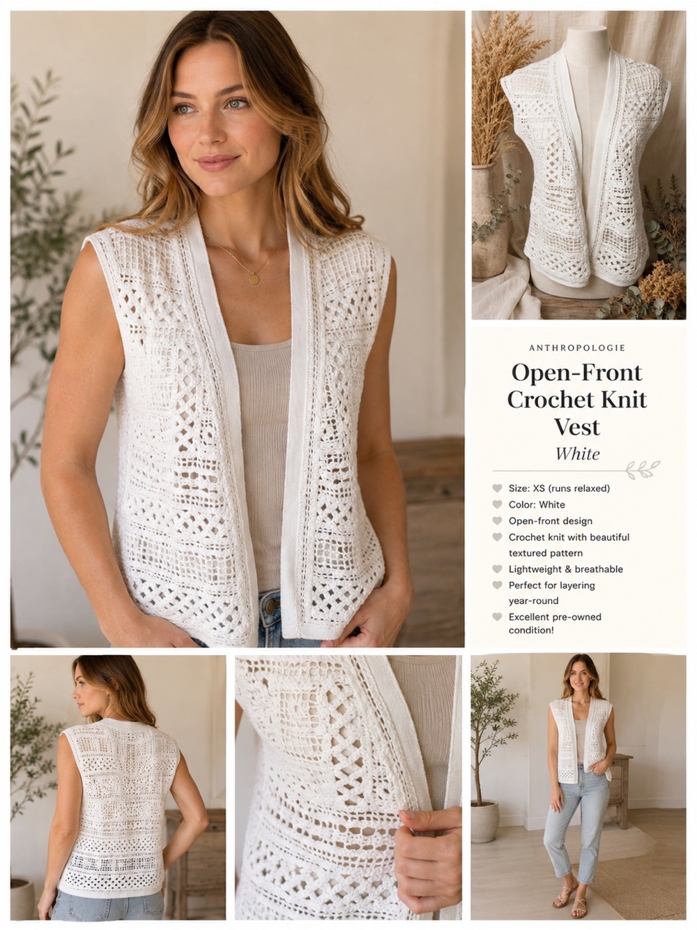 Open-Front Crochet Knit Vest - White